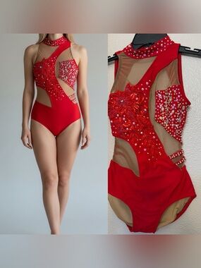 AA solo dance costume red strappy rhinestoned bling leotard XS adult